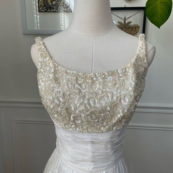Vintage 50s Emma Domb San Francisco Midi Tea Length Formal Dress Gown Ivory Sequ - Picture 4 of 13